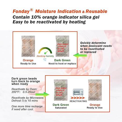20g x 15 packs Fonday Rechargeable Silica Gel Desiccant Packets Food Grade Fast Reactivate Desiccant Bags Moisture Indicating Orange to Green