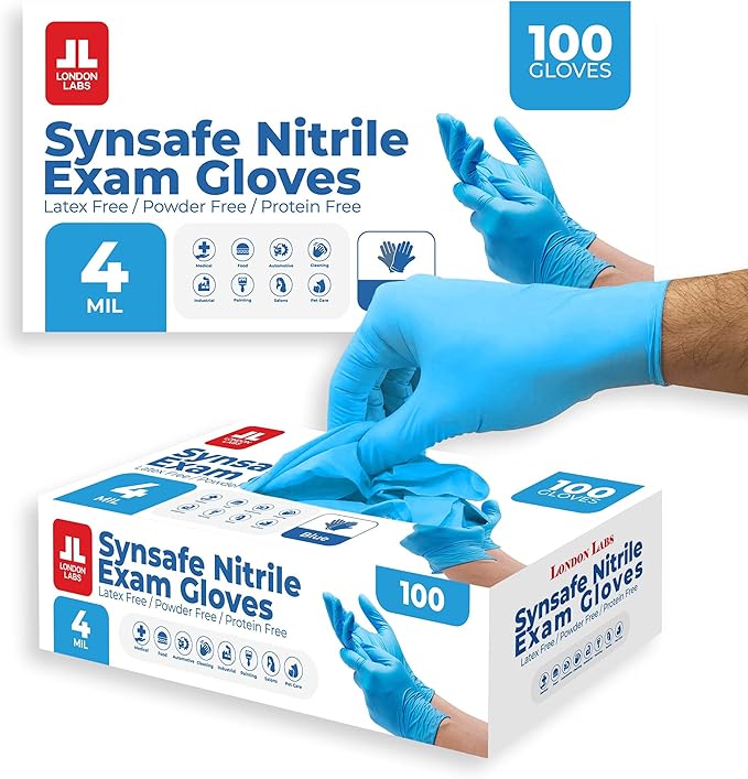 Synsafe 4 Mil - Blue Nitrile Exam Gloves –Disposable Latex Free & Powder Free – Extra Strong, Rubber Gloves