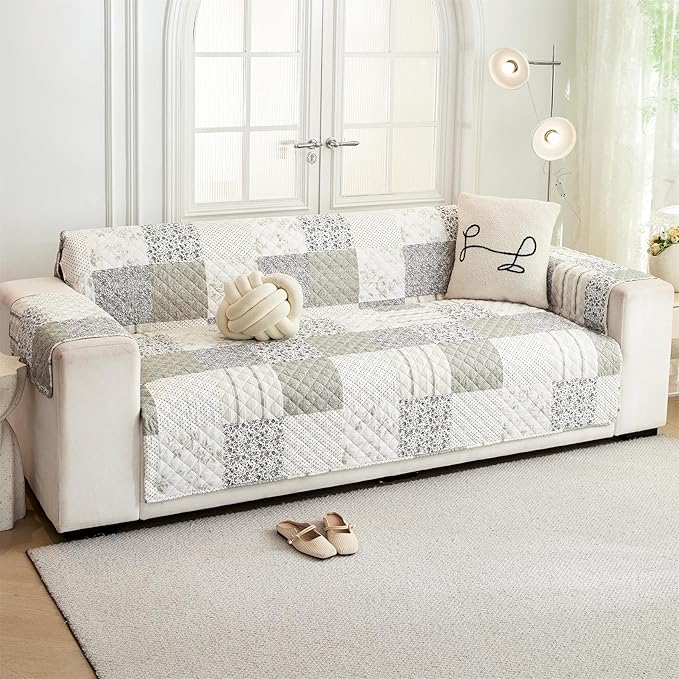 Skidproof Sofa Cover-Taupe Sofa Slipcover with Elastic Straps-Easy Fit Slip Cover-Patchwork Washable Furniture Protector for Pets and Kids(Loveseat,Taupe)
