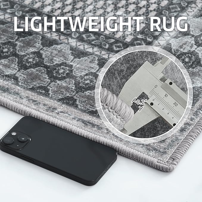 NICETOWN Machine Washable Faux Wool Rugs - 4x6 Area Rugs Ultra-Thin Carpet for Office, Study, Living Room Entryway with Non-Slip Backing, Distressed Large Carpet for Dining Room, Grey