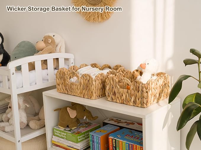 StorageWorks Scalloped Wicker Basket, Woven Baskets for Storage, Rattan Baskets with Handles, Paper Rope Basket for Organizing and Decor, 2 Pack