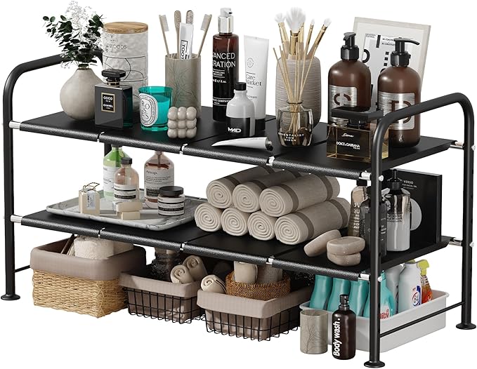 Under Sink Organizers and Storage — 2-Tier Bathroom Sink Cabinet Organizer with 8 Removable Carbon Steel Panels, Height Adjustable, (27.36–36.02)" W × 12.28" D × 16.93" H