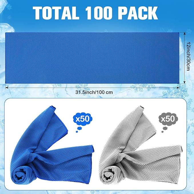 Shellwei 100 Pcs Cooling Towels Bulk 40 x 12 Inch Ice Towel Microfiber Sports Cooling Towels for Neck Face, Breathable Chilly Towel for Yoga Sport(Royal Blue, Light Gray)