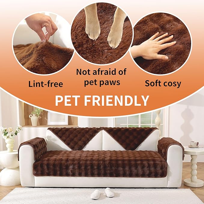 Non-Slip Couch Arm Covers,Thick Soft Recliner Arm Chair Covers Set of 2 Waterproof Armrest Covers for Sofa, Washable Faux Fur Sofa Arm Cover (Brown, 24" x 24" 2 Pack)