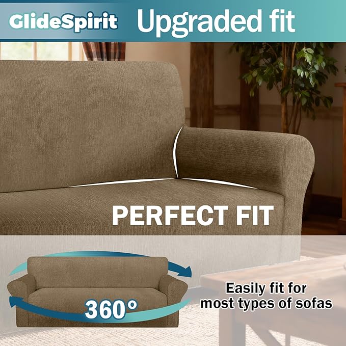 Waterproof Stretch Spandex Loveseat Couch Cover - Non-Slip Soft Sofa Slipcover with Elastic Bottom, Washable Leakproof Furniture Protector for Kids, Pets, Dogs & Cats (Loveseat, Brown)