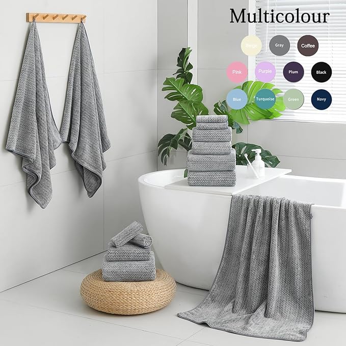 Ycosy 18 Piece Bath Towels Set,100% Microfiber Family Bathroom Towel with Hanging Loops-6 Bath Towels,6 Hand Towels,6 Washcloths,Quick Dry Highly Absorbent Shower Towel for Bathroom,Hotel,Spa-Grey