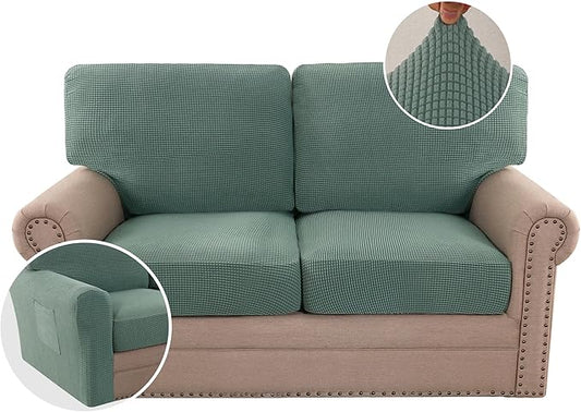 H.VERSAILTEX Multi-Pieces Sofa Covers Stretch Couch Covers Form Fitted Seats and Back Cushions Covers (2 Seat Covers Plus 2 Back Cusion Covers, Bonus 2 Armrest Covers), Sage