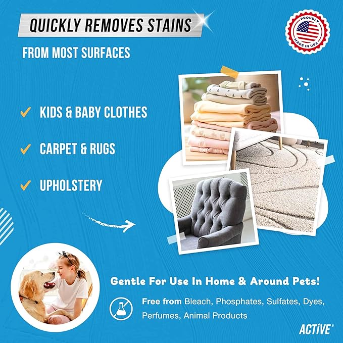 ACTIVE Messy Kids Stain Remover and Enzyme Laundry Booster - Includes 12oz Kids Stain Removal Spray and 2LB Enzyme Laundry Booster Powder