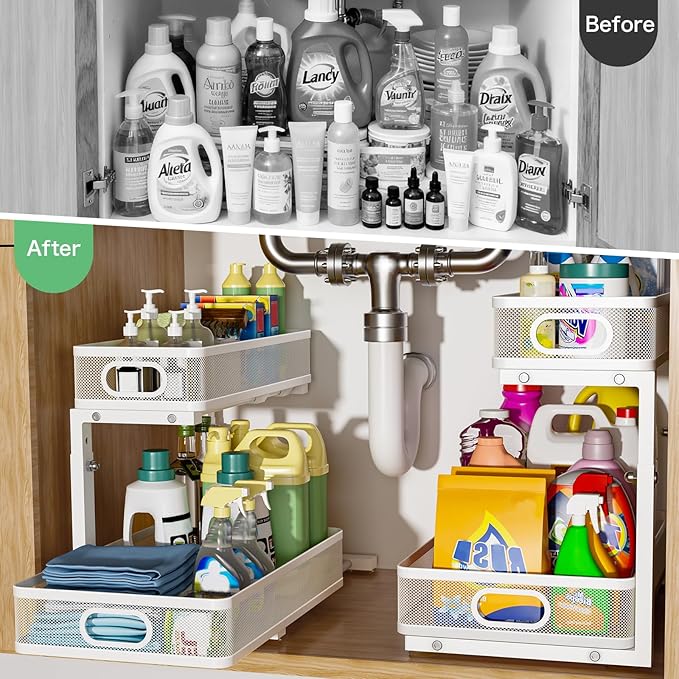 Under Sink Organizer, Height Adjustable 2 Tier Under Sink Organizers and Storage, Slide Out Metal Cabinet Organizers, Pull Out Sink Storage Drawer Shelf for Kitchen Bathroom Cabinet, White, 1 Pack
