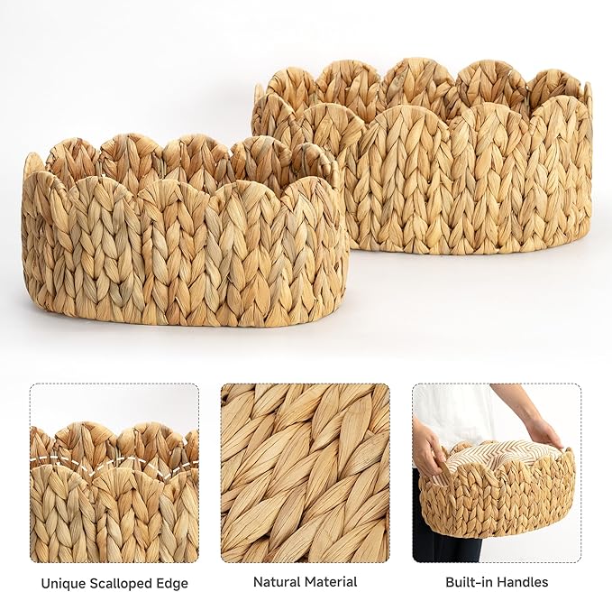StorageWorks Scalloped Wicker Basket, Woven Baskets for Storage, Rattan Baskets with Handles, Paper Rope Basket for Organizing and Decor, 2 Pack