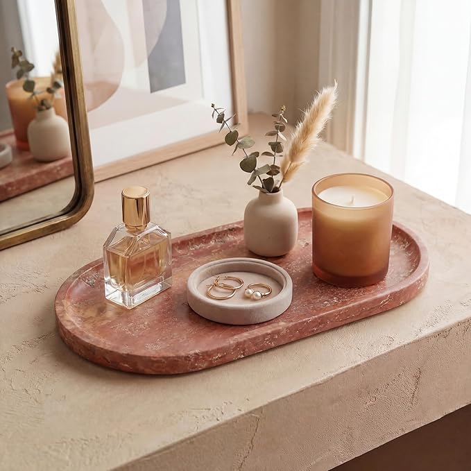 YKAJO Natural Red Limestone Vanity Tray - 100% Authentic Stone Decorative Catchall for Bathroom Counter, Perfume Organizer, Jewelry & Entryway Key Dish - Modern Home Decor, 11.6" x 5.9"