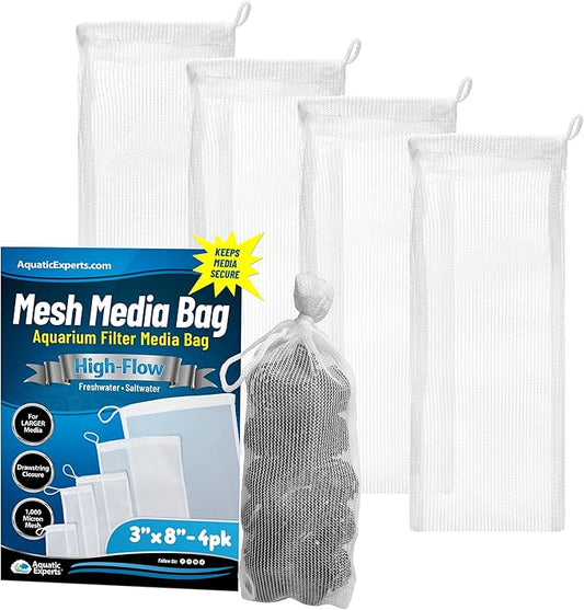 Aquatic Experts High Flow Filter Media Bag - Durable Filter Bags for Fish Tank, Secure Aquarium Media Bag with Drawstring, Media Bags for Aquarium and Pond, High Flow (White), 3” x 8” - 4 Pack