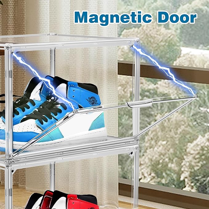 12 Pack X-Large Acrylic Purse Storage Display Case 14.1x8.9x10.6'',Size 15 Clear Shoe Box,Stackable Sneaker Case with Magnetic Lid, Multipurpose Closet Storage Bin for Handbag,Cosmetics,Collectibles