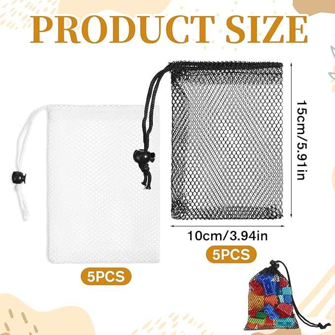 TIESOME 10 Pcs Mesh Drawstring Bags, 6" x 4" (15×10cm) Small Mesh Bag With Cord Lock Closure, Durable Breathable Net Bags For Laundry, Travel, Beach Toys, Seashell Collecting (Black, White)
