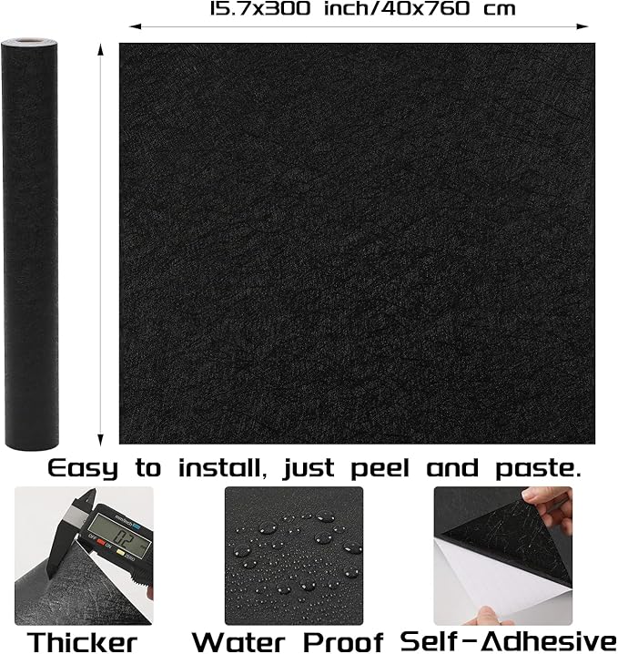Peel and Stick Wallpaper Black Silk Wall Paper - 15.7 x 300 Inch Self Adhesive Wallpaper Peel and Stick, Easy to Paste Wall Contact Paper for Stand Liner, Table and Door Makeover Decor