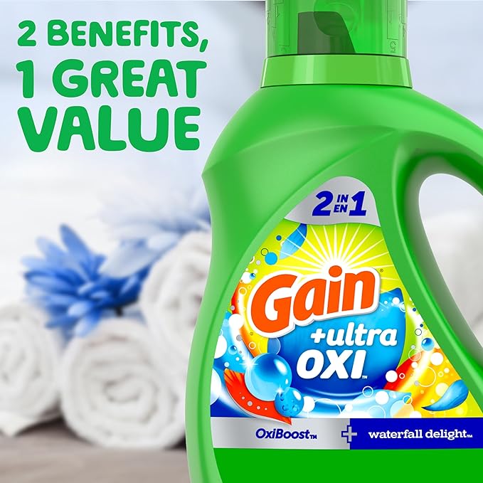 Gain Ultra Oxi Liquid Laundry Detergent, Waterfall Delight Scent, 61 Loads, 2-in-1, HE Compatible