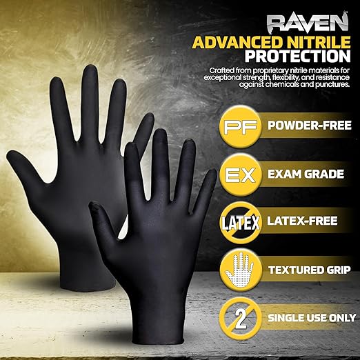 Raven Exam Grade Nitrile Disposable Gloves Medium, Powder Free Latex Free Gloves, 7 Mil Puncture Resistant, For Law Enforcement, Automotive, Health Care & Cleaning Supplies, 12 Boxes of 50-600 Ct