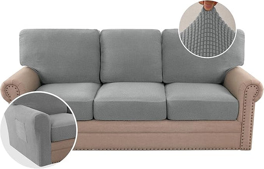 H.VERSAILTEX Multi-Pieces Sofa Covers Stretch Couch Covers Form Fitted Seats and Back Cushions Covers (3 Seat Covers Plus 3 Back Cusion Covers, Bonus 2 Armrest Covers), Dove