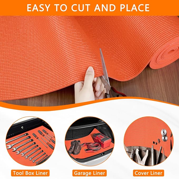 Foam Toolbox Liner Drawer Mat 1/8 Inch Thick X 18 Inch Wide X 24 Ft Long Orange, No Slip for Protecting Cabinet, Garage, Cart, Tool Box