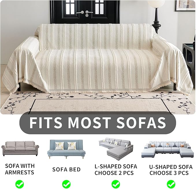 HAOMAIJIA Non Slip Couch Cover Sofa Covers for 3 Cushion Couch Washable sectional Couch Covers for Dogs pet Furniture Protector Couch Cover Blanket for Living Room (TM-Cream White, 91"x134")