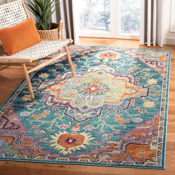 SAFAVIEH Crystal Collection Accent Rug - 4' x 6', Teal & Rose, Medallion Distressed Design, Non-Shedding & Easy Care, Ideal for High Traffic Areas in Entryway, Living Room, Bedroom (CRS501T)