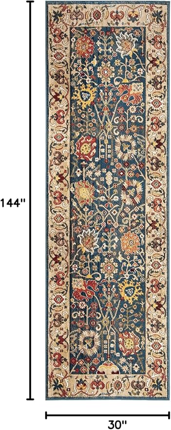 SAFAVIEH Kashan Collection Runner Rug - 2'6" x 12', Blue & Tan, Traditional Oriental Design, Non-Shedding & Easy Care, Ideal for High Traffic Areas in Living Room, Bedroom, Dining (KSN303G-212)