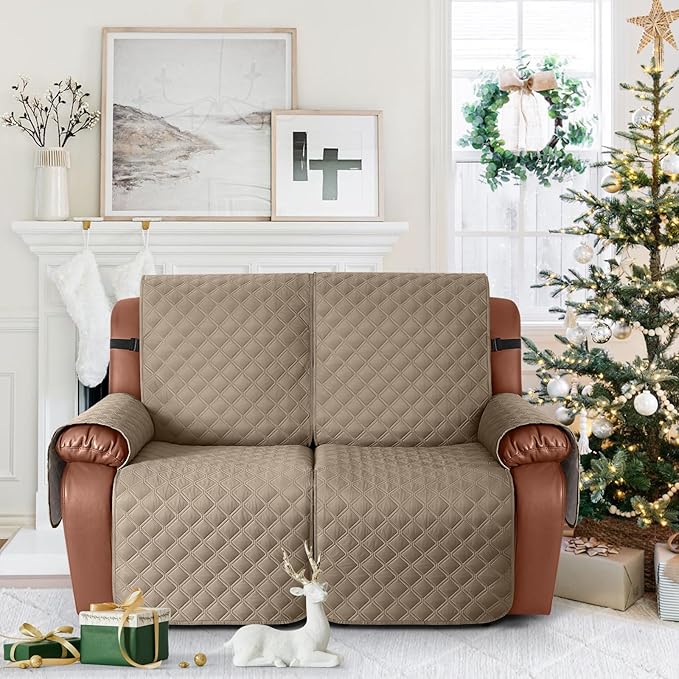 Ruaozz Waterproof Recliner Sofa Covers, 1-Piece Couch Covers for Reclining Couches Reclining Couch Cover Washable Furniture Protector with Elastic Straps Pocket for Kids Pets (Khaki, XL 2 Seater)