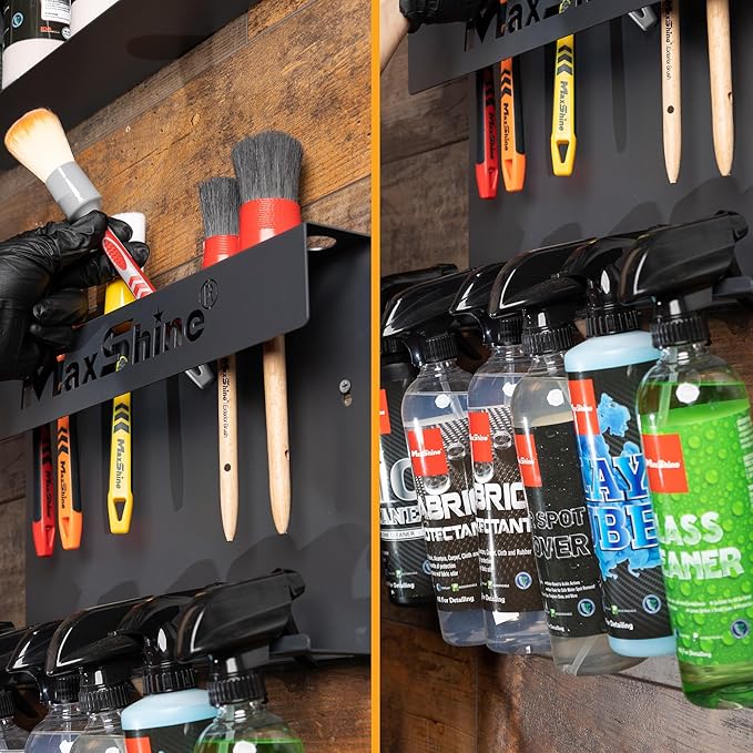 Maxshine Universal Brush & Trigger Bottle Holder (2-Pack) – Wall-Mount Organizer Holds 20 Brushes & 12 Spray Bottles – Black Powder-Coated Metal Rack for Garage, Auto Detailing Shop & Car Care Storage