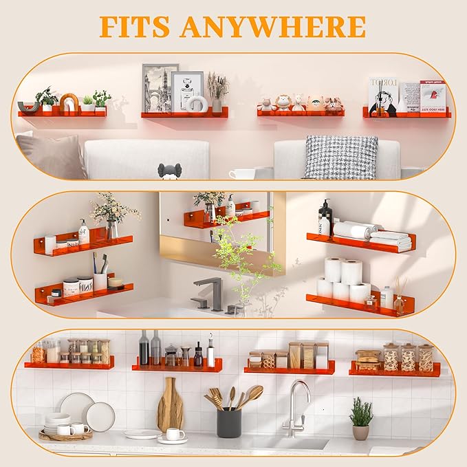2 Pack Floating Shelves– 15'' Orange Acrylic/PET Wall-Mounted No Drill Storage with Adhesive, Bathroom & Bedroom Shelving for Kitchen, Living Room, Home Decor