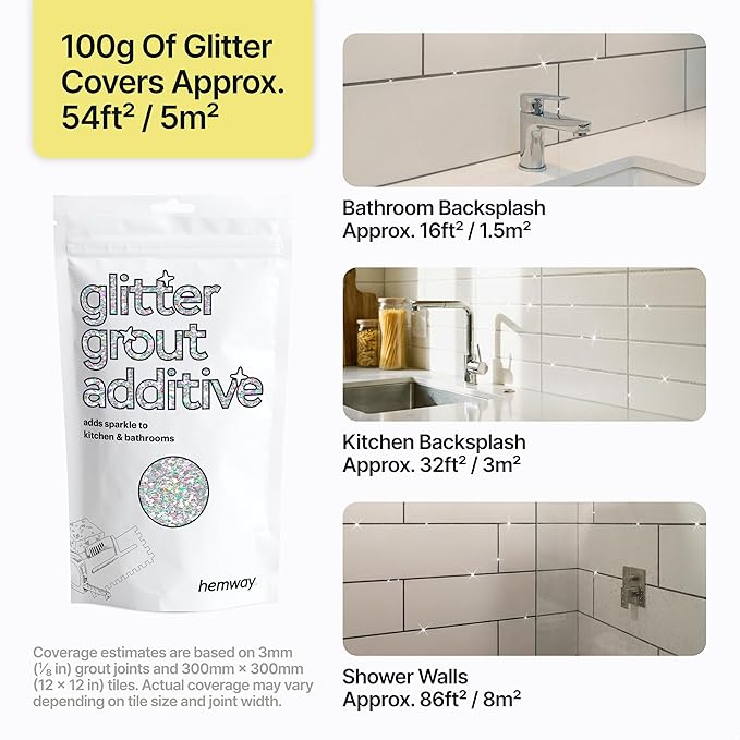 Hemway Silver Holographic Glitter Grout Additive 100g Metallic Flakes for Adding Sparkle to Kitchen & Bathroom Tiles | Enhance Your Indoor Grouting Projects with a Durable Sparkly Effect