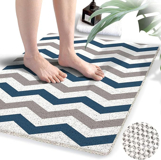 godehone Shower Mats Non Slip Without Suction Cups, PVC Loofah Bathroom Mats, Loofah Mats for Shower and Bathroom, Quick Drying, 23.6× 34.6 Inch, Blue Geometric