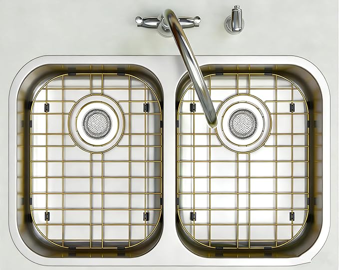 SANNO Gold Kitchen Sink Protectors Gird Sink Rack, 14.57" L X 11.2" W Bottom Grid with Rear Drain Hole for Double Sink, Stainless Steel, 2 Pack
