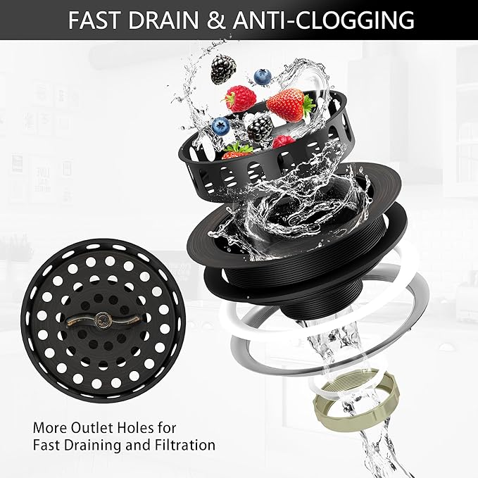 Kitchen Sink Drain Assembly 3-1/2 Inch Bronze Stainless Steel Kitchen Drain with T-Shaped Sink Strainer Basket and Drain Stopper for Standard Kitchen Sink Oil Rubbed Bronze