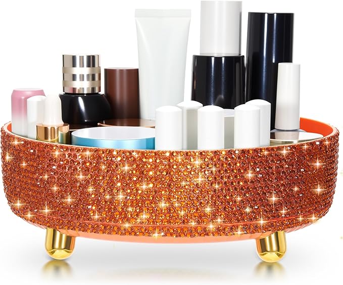 Honeydak Orange Bling Perfume Makeup Organizer Bling Mother's Day Nurses Day Gifts for Women Bathroom Organizers and Storage 360 Rotating Makeup Organizer for Countertop(Resin Stone)