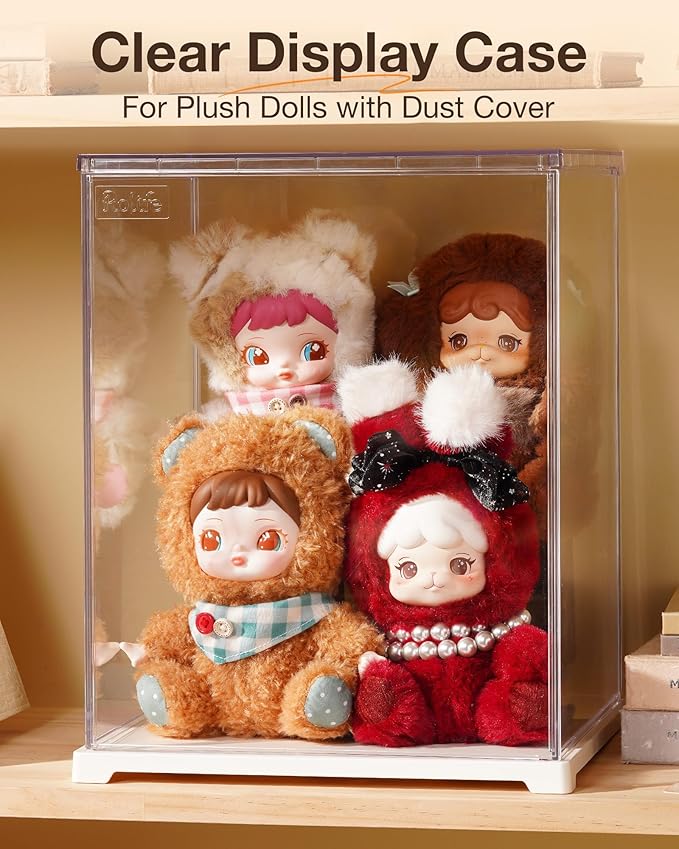 Rolife Acrylic Display Case Dust Cover for Collectibles, Dustproof Protection Showcase with White Base with Door for Plush Toy, Book Nook & Daily Goods (12.2''x9.8''x9.8'')
