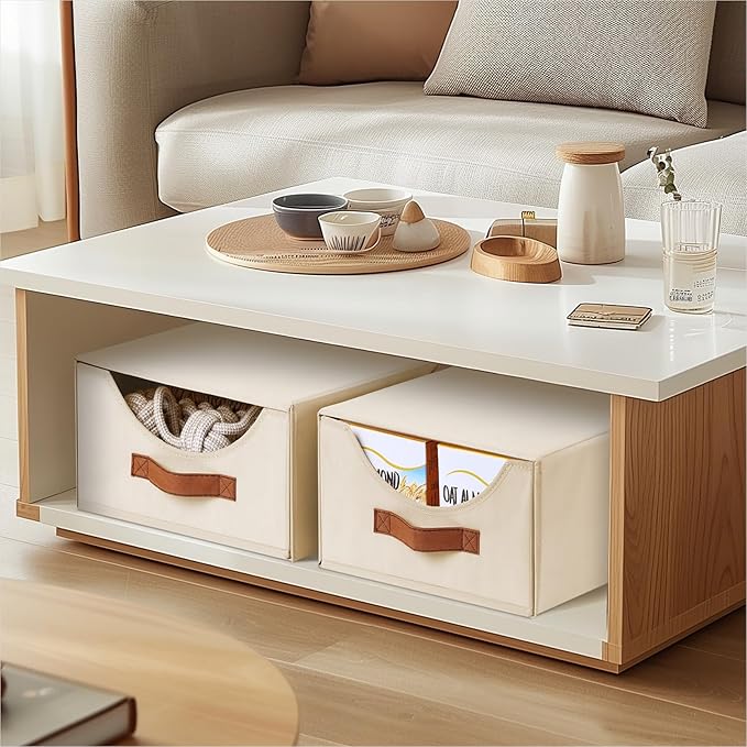 Stackable Storage Drawers - Collapsible Storage Bins with Drawers, 6 Pack Closet Shelf Organizer Basket, Fabric Pull Out Organizer for Bedroom, Living Room, Dorm, Beige