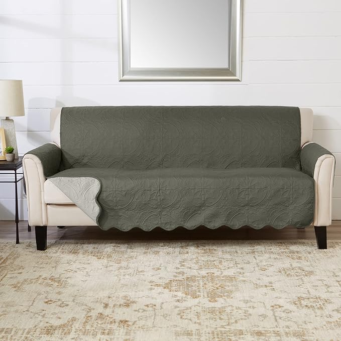 Great Bay Home Reversible Sofa Cover - Washable Slipcover Furniture Protector with Elastic Straps - Couch Cover for Dogs, Kids, and Pets - Quilted & Stitched Detail (Sofa, Sage Green/Light Gray)