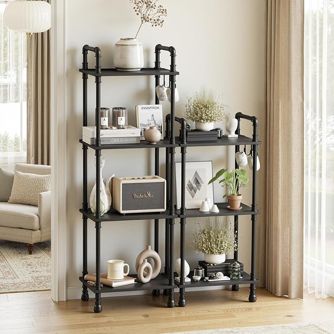Aduanbang 4-Tier Industrial Pipe Ladder Shelf, Vintage Style Bookshelf, Freestanding Storage Rack Organizer for Living Room, Bedroom, Kitchen (Black(4-Tier))