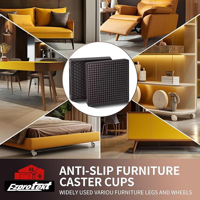 Ezprotekt 3x3” Square Rubber Anti Slip Furniture Pads Coasters for Hardwoods Floors, 4 Pcs Non Slip Furniture Caster Cups Floor Protectors for Sofa Couch Bed Stoppers to Prevent Sliding (Brown)