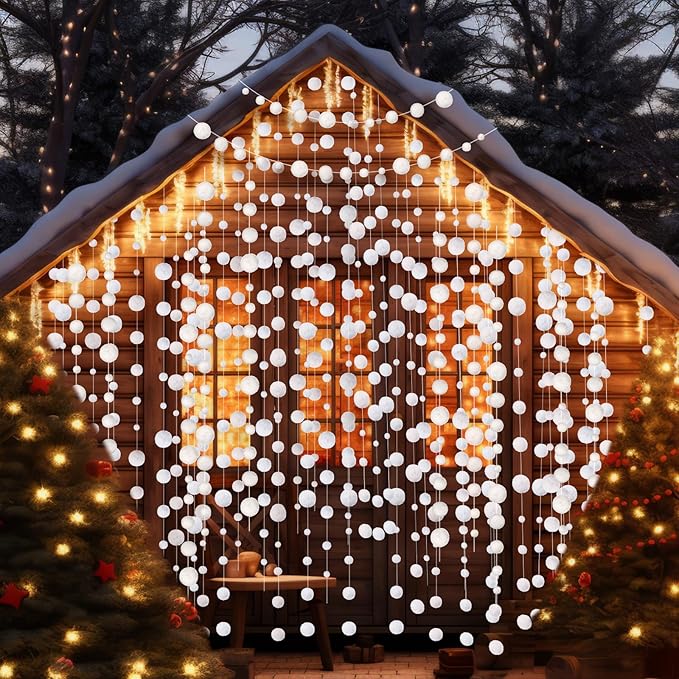 Tegeme 36 Pcs Winter Snowball Garland 6.5 Feet White Pom Pom String Garland Winter Party Wonderland Decoration Snow Ball Hanging Banner White Snowball Decor for Ceiling Tree Holiday Party Wall Home