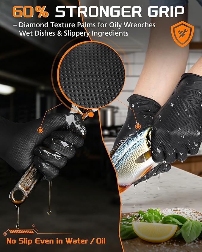 wcy 9 Mil Heavy Duty Black Nitrile Gloves,Raised Diamond Texture Grip,Industrial Mechanic Rubber Gloves Disposable Latex Free Chemical Resistant Guantes for Work,Cooking,Food Safe - Large,80Count
