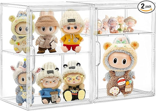 Acrylic Display Case for Collectibles, Clear Storage Bin with 3 Adjustable Layers and1 Removable Divider, Stackable Clear Storage Box with Magnetic Door for Figures, Home or Office,Large,2Pack