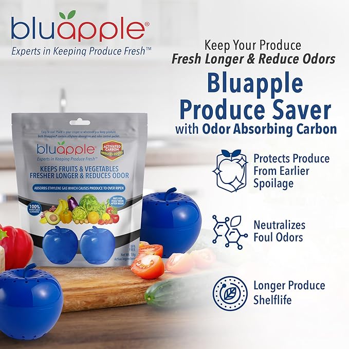 Bluapple Produce Saver with Activated Carbon - Ethylene Gas Absorber, Keep Fruits & Vegetables Fresh Longer, Minimize Food Waste, Refrigerator Odor Absorber, Produce Storage Extends Shelf Life, 2 Pack