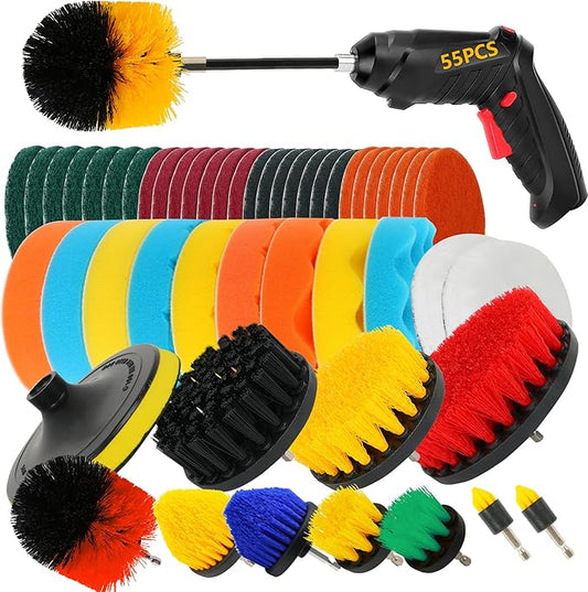 55pcs Drill Brush Attachment Set - Cleaning Scrubber Brush Kit with Cordless Screwdriver, Wear-Resistant Extend Long Attachment, Scouring Pads, Sponge, Polishing Pads for House, Car, BBQ