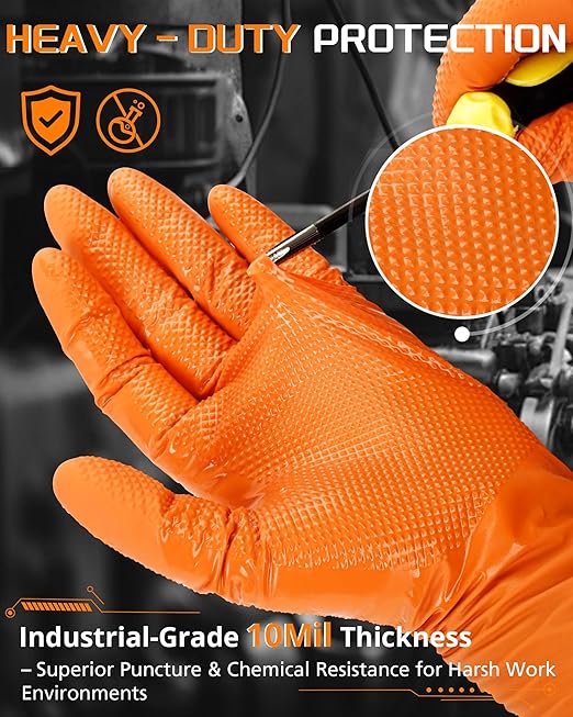 10mil Nitrile-Gloves Disposable-Orange Chemical-Resistant Rubber - Mechanic Gloves Heavy Duty, Latex Free, Diamond Grip (100, Medium)