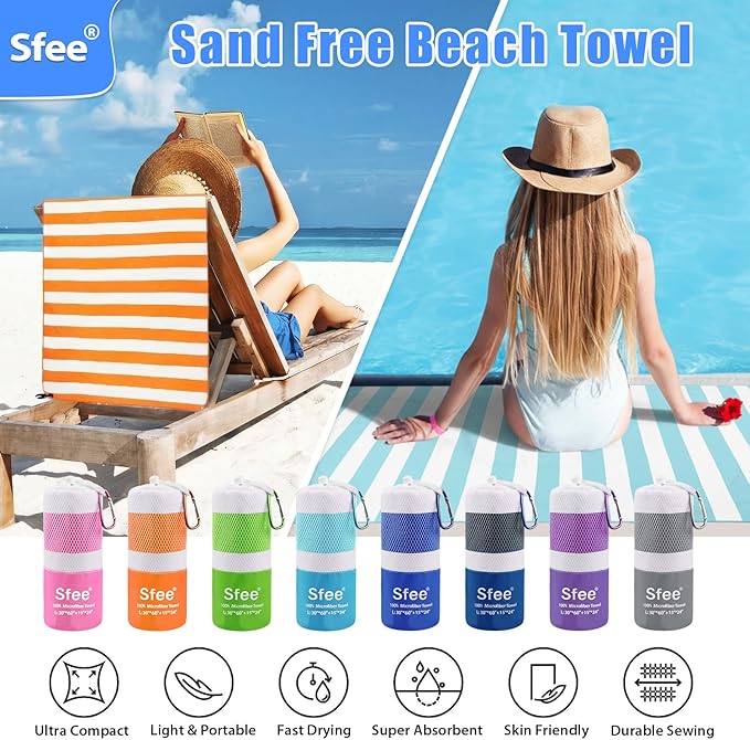 Sfee 2 in 1 Microfiber Beach Towel, Quick Dry Towel Camping Travel Towel Super Absorbent Compact Lightweight Sports Gym Towel Set for Beach, Gym, Hiking, Pool, Backpacking, Bath, Yoga