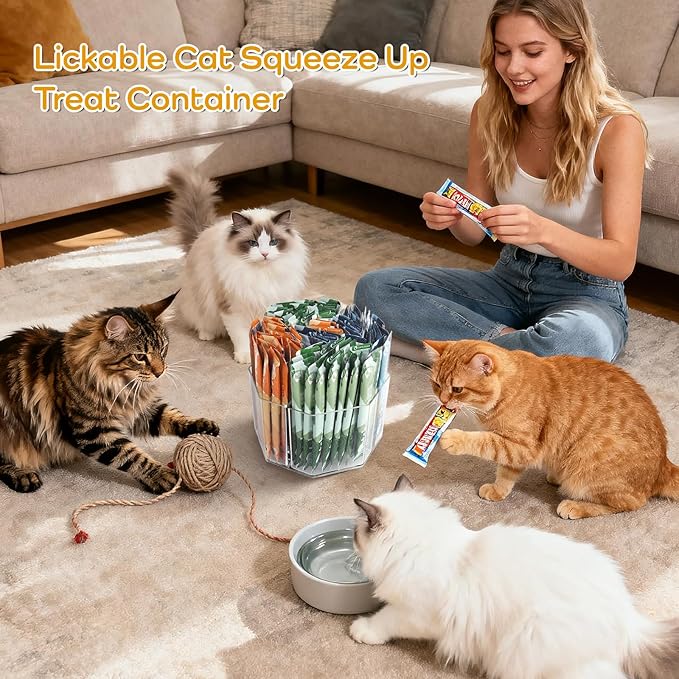 Lickable Cat Treats Organizer, Lazy susan Acrylic Squeeze Up Cat Food Storage Container, Essential storage for pet treats, Wet Cat Treats Storage for Kitchen Cabinet Pantry Shelf Countertop(Rhombus)