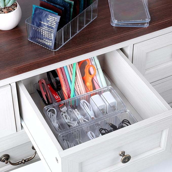 4 Pcs Cord Organizer Box, 8 x 4 x 2 Inch Small Clear Plastic Cable Organizer Box with Lid 6 Compartments Cord Boxs for Home, Office, Desktop Organization