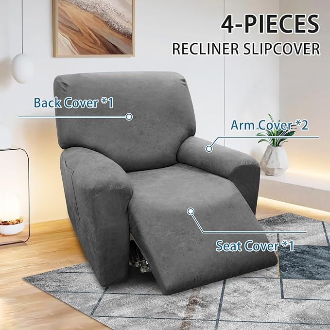 Chair Covers 4-Pieces Recliner Chair Covers 1 Seater Cover for Recliner Chair Leather Look Recliner Slipcovers with Pockets Spandex Fabric Furniture Covers(XL Recliner, Grey)