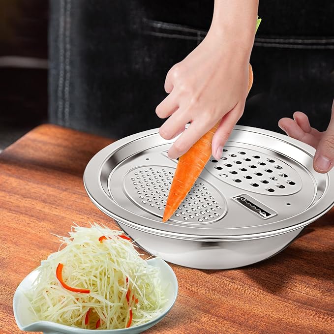 Stainless Steel Wash Basin with Drain Basket and Built-in Shredder Slicer Multifunctional Kitchen Colander for Washing and Draining Fruits and Vegetables 10X10X2.7 Inches